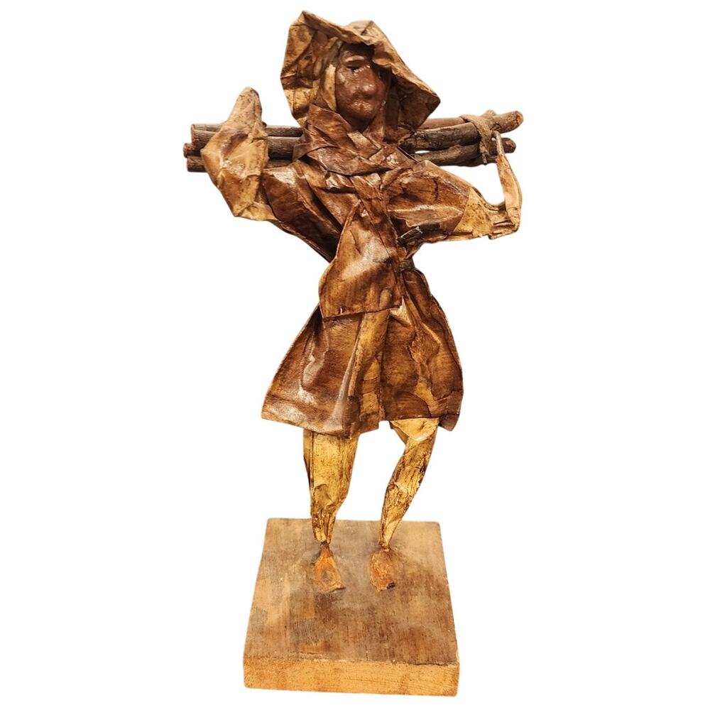 Vintage Handmade Mexican Folk Art Paper Mache Wood Carrier Sticks Figurine 11"